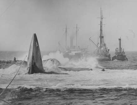 The USS Squalus resurfaces after being pulled from the bottom of the ocean. Photo Courtesy Boston Public LIbrary Leslie Jones Collection.