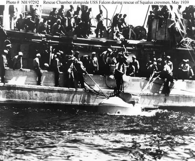 Sailors haul the rescue chamber aboard the Falcon after its final trip to the sub. Photo: USN" width="300" height="247" /> Sailors haul the rescue chamber aboard the Falcon after its final trip to the sub. Photo courtesy U.S. Navy.