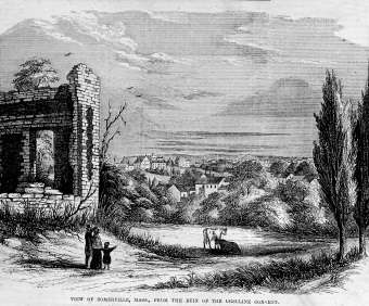 VIew of the City of Somerville in 1854 from the site of the Charlestown Convent ruins (seen on left). (Courtesy of Mr. Paul Swan, Boston Public Library Archives.)
