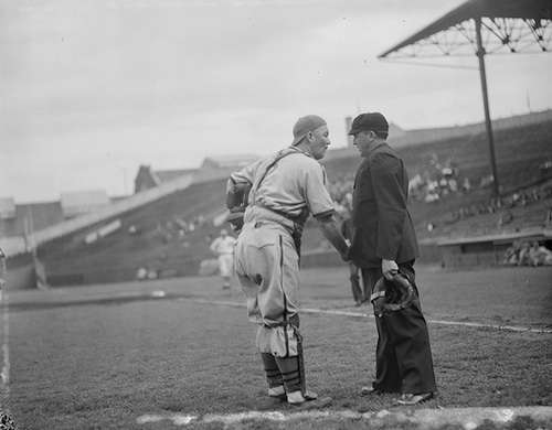 Gabby Hartnett pleads his case with an umpire, Braves Field. Photo courtesy Boston Public Library, Leslie Jones Collection.