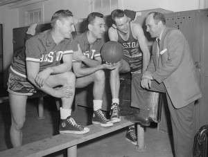 Red Auerbach in the Celtics' locker room. Photo courtesy Boston Public Library, Leslie Jones Collection.