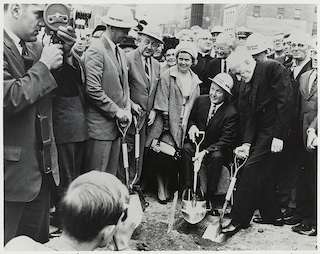 Gov. Endicott Peabody at a groundbreaking with Mayor Collins and Cardinal Cushing. Photo courtesy Boston Public Library.