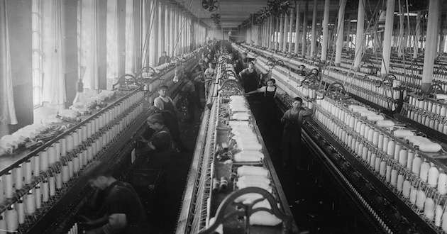 Typical spinning room of a New England textile mill. Photo by Lewis Hine, courtesy Library of Congress.