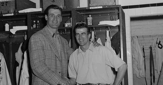Walt Dropo and Johnny Pesky in the Boston Red Sox locker room. Photo courtesy Boston Public Library, Leslie Jones collection.