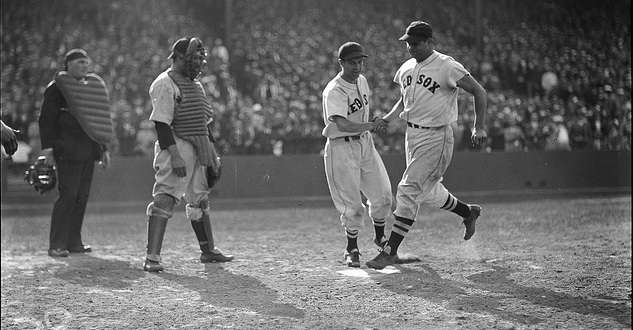 Jimmie Foxx hits a home run at Fenway. Photo courtesy Boston Public Library, Leslie Jones Collection.