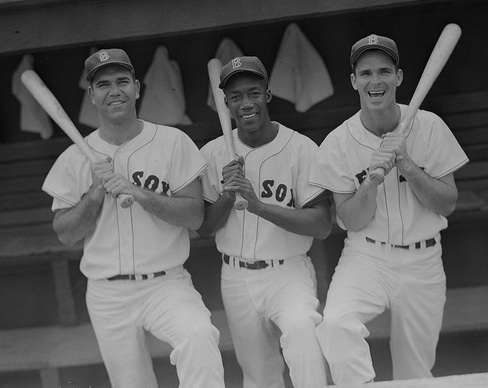 Dick Gexxx, Pumpsie Green and Gary Geiger. Photo courtesy Boston Public Library, Leslie Jones Collection.