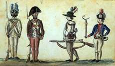 American foot soldiers in the Yorktown campaign; the soldier on the far left is a member of the 1st Rhode Island Regiment.