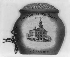 Cover of souvenir album of historic sites of Boston, shaped as beanpot, with illus. of Faneuil Hall. Courtesy Library of Congress.