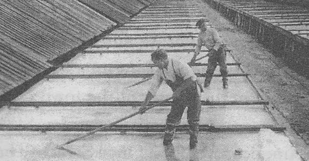 Onondaga saltworks showing salt being raked from solar evaporation vats of a design copied from the Cape Cod saltworks.
