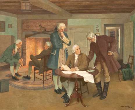 John Adams, Samuel Adams, and James Bowdoin drafting the Massachusetts Constitution of 1780 in this painting by Albert Herter, which hangs in the Massachusetts Statehouse.
