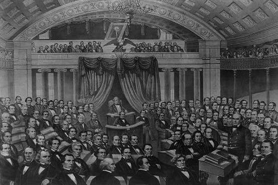 Daniel Webster (lower right) addressing the U.S. Senate on the Seventh of March. Image courtesy Library of Congress.