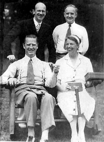 Eleanor Roosevelt seated next to her outspoken critic Westbrook Pegler. Behind her is George Bye and beside him is critic Deems Taylor.