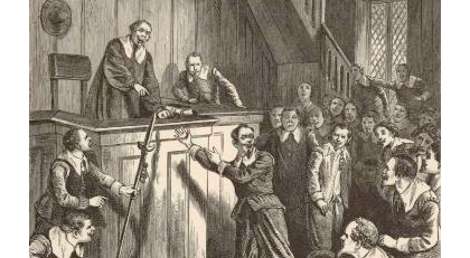 Depiction of Samuel Gorton on Trial in Portsmouth, R.I.
