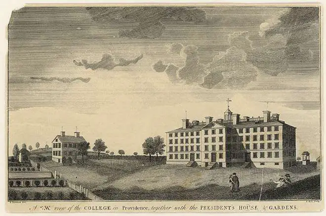 A black and white engraving by artist David Leonard, class of 1792. First published view of the campus, "A S.W. view of the College in Providence together with the President's House and Gardens." Providence, 1792.