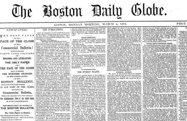 The March 4, 1872 front page of the Boston Globe.