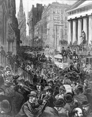 A newspaper illustration from Harper's Weekly, depicting the scene on Wall Street on the morning of May 14, 1884.